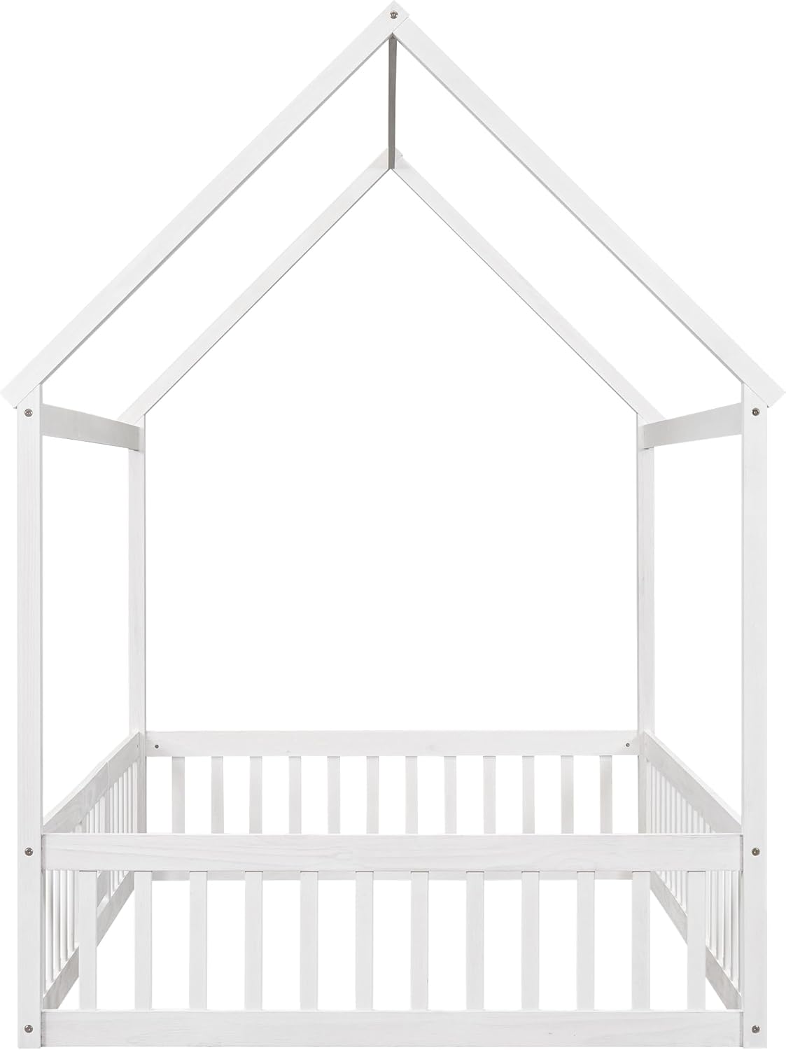 KLMM Cama de madera de tamaño matrimonial con valla y puerta, marco de cama de madera para niños o niñas, se puede decorar (valla blanca + puerta)