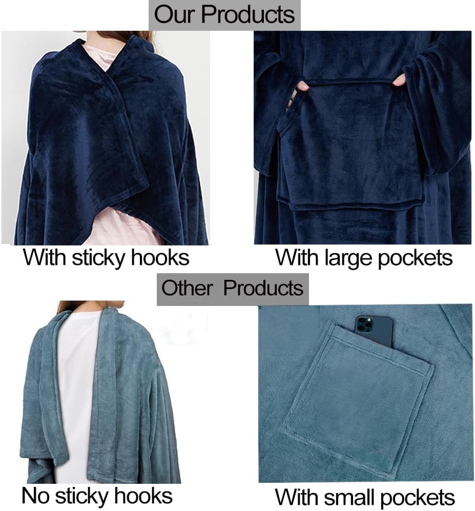Manta de forro polar con mangas y bolsillo para el pie para adultos, mujeres y hombres, manta ligera de felpa suave para TV con mangas y velcro