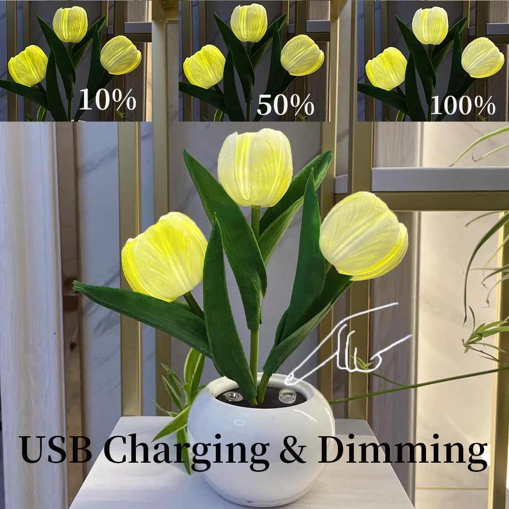 Lámpara de tulipán LED con flores artificiales, lámpara de mesa, luz nocturna, carga USB y atenuación para el hogar, sala de estar, dormitorio,