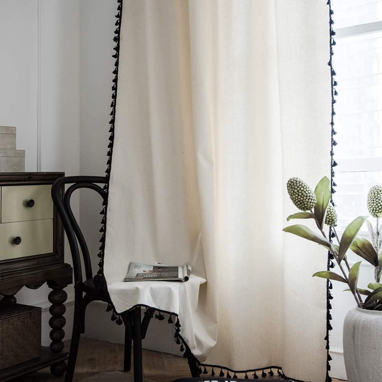 Cortinas de estilo bohemio, de lino y de arpillera para dormitorio, cortinas de ventana semiopacas con borlas, juego de cortinas rústicas para