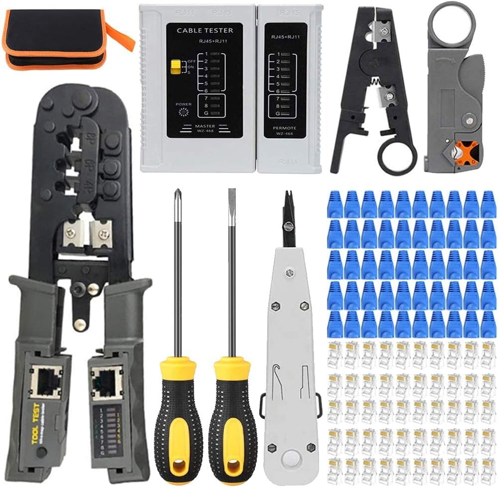 LEATBUY – Juego de crimpadoras CAT5CAT6 Kit de herramientas de crimpado para RJ45RJ11RJ12Cat5e, cortador profesional de conectores de cable,