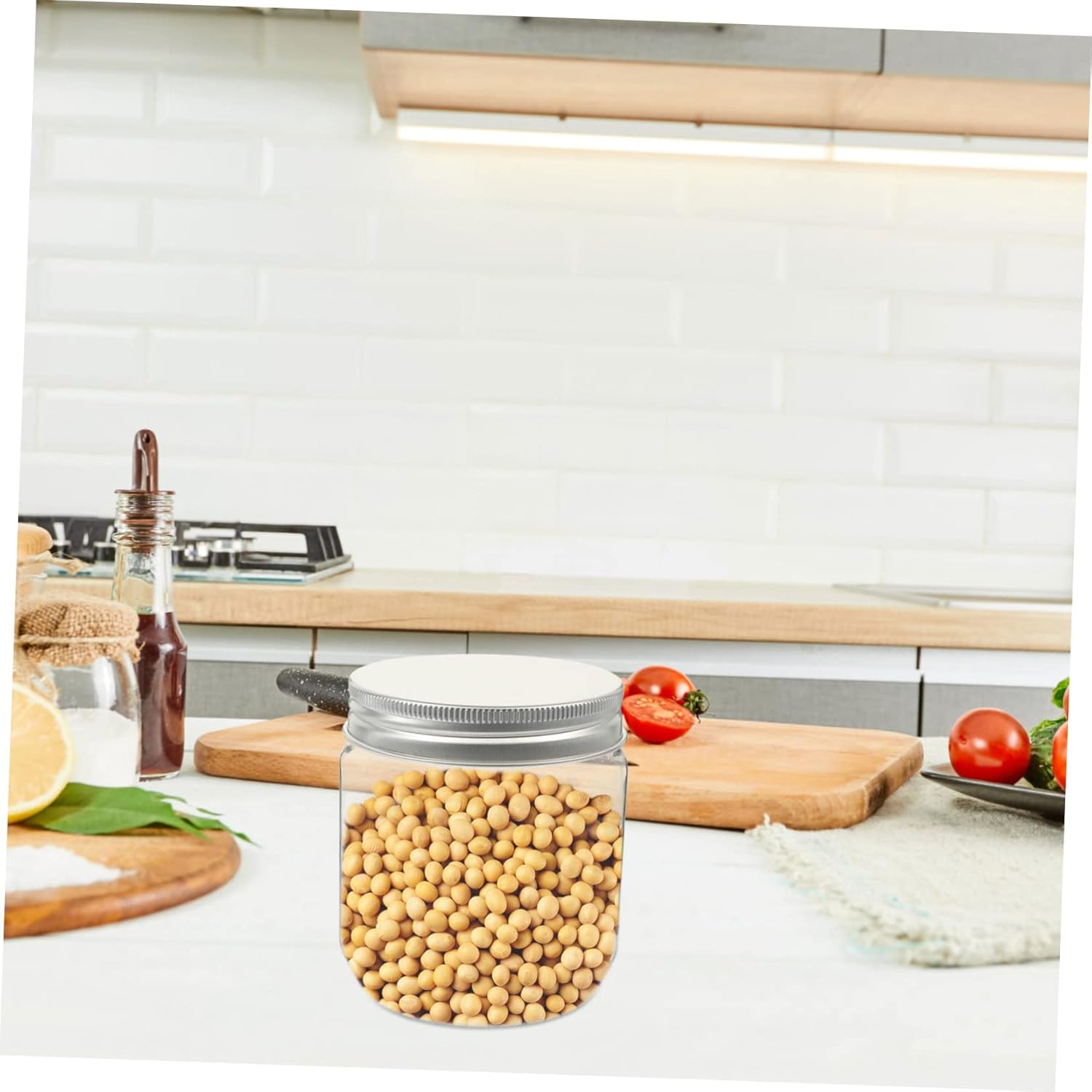 YARNOW Tarro de almacenamiento de cocina de 4 piezas de tarros de plástico con tapas para caramelos, tarros de cristal con tapas, tarros de maní con