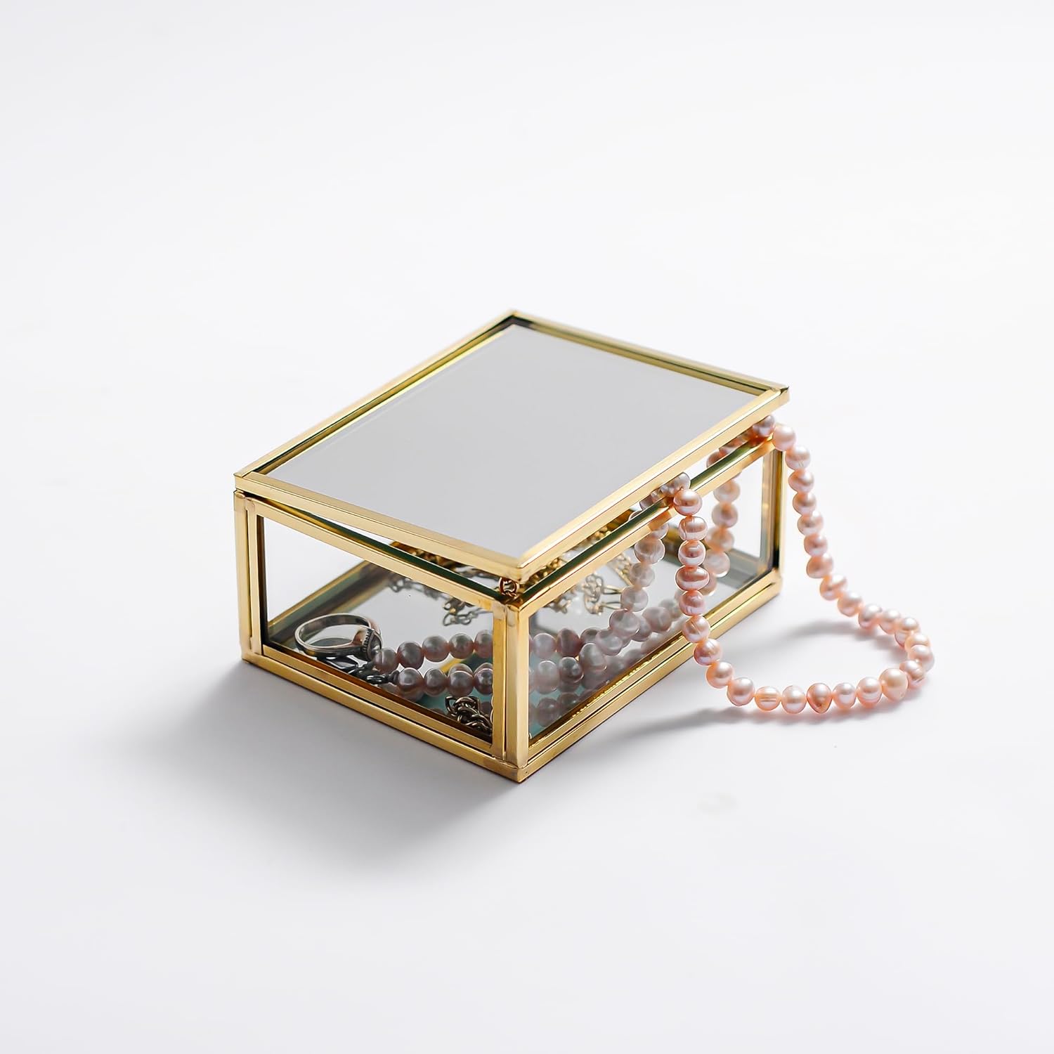 4x3x1.5″ Brass Glass jewelry Ring Box Wedding Mirrored Based
