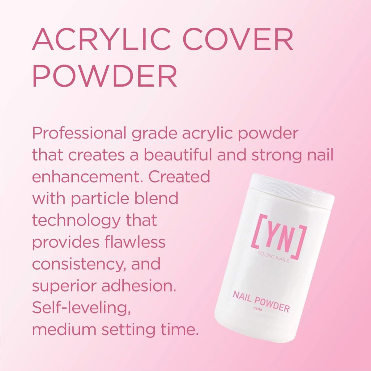 Young Nails Polvo acrílico de cobertura acrílica autonivelante, polvo acrílico transparente rosa y blanco para extensión de uñas, grado profesional,