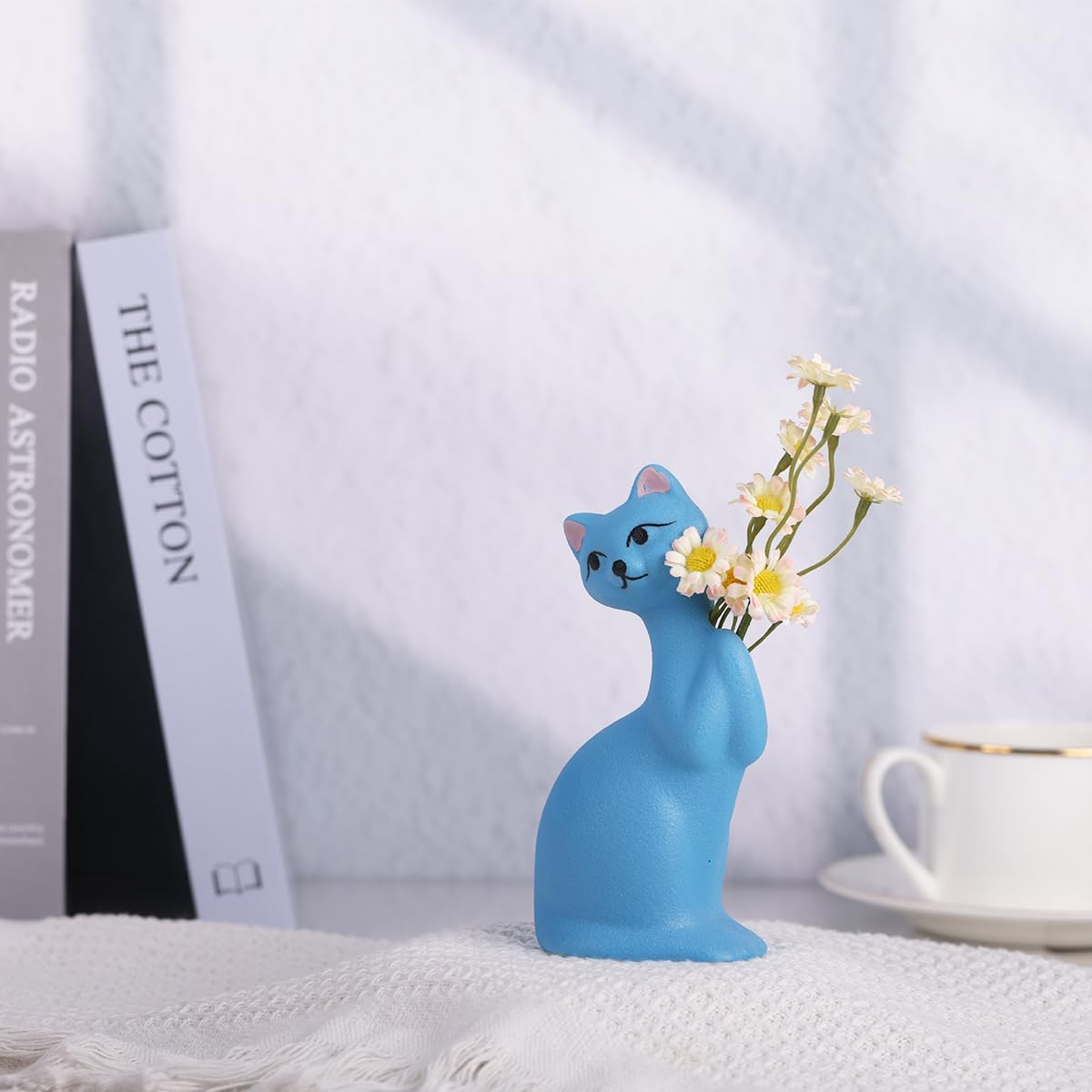 Jarrón de cerámica para gatos, florero azul, decoración multifuncional para jarrón y adorno, estatua de gato hecha a mano para sala de estar,