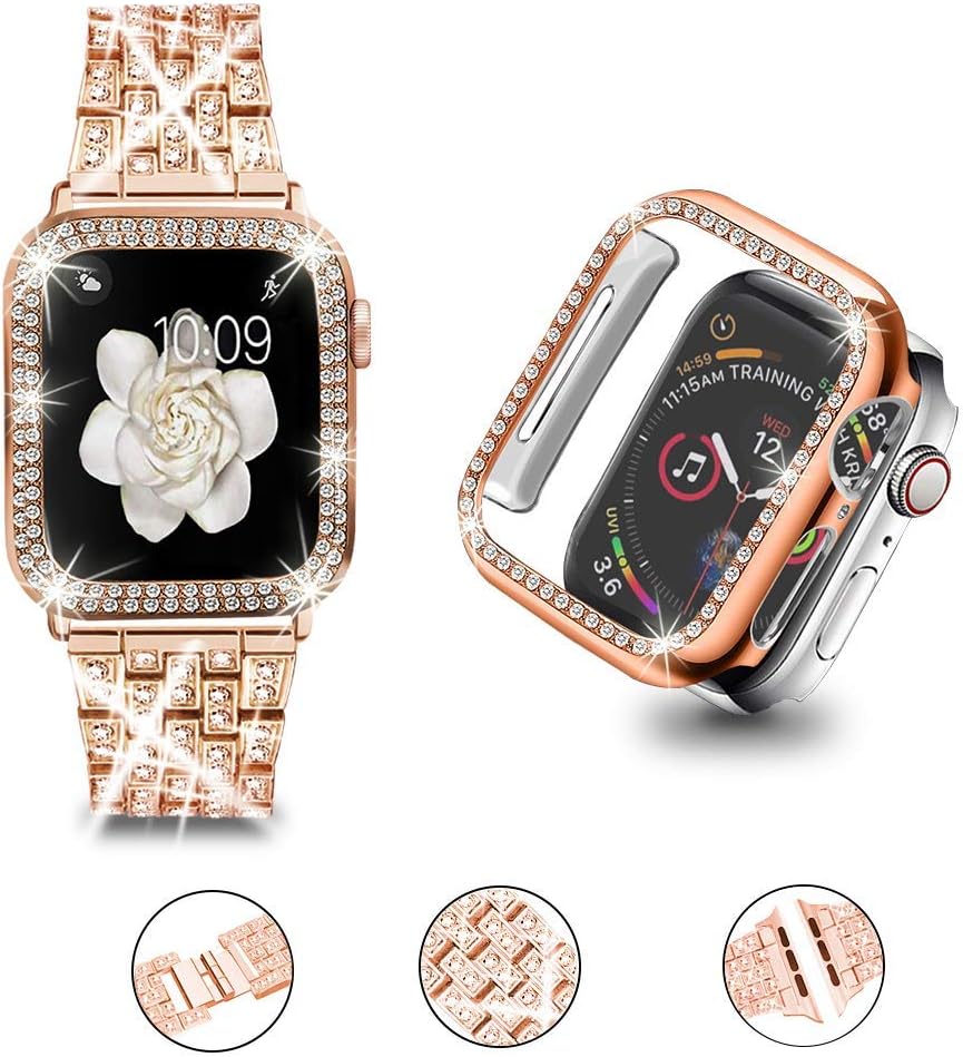 Correa de reloj compatible con Apple Watch Band de 38 mm, con cubierta protectora con diamantes de imitación, con funda protectora para iWatch