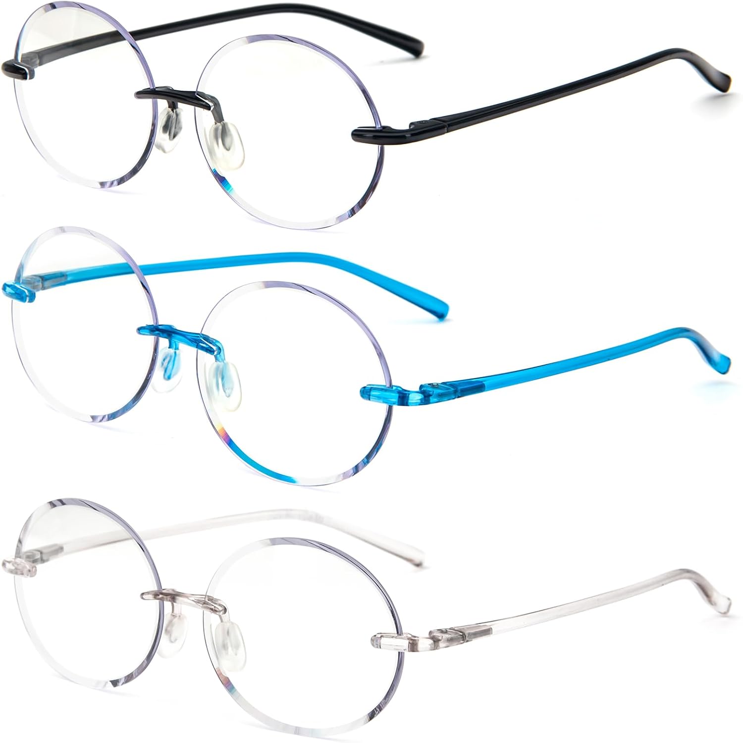 KoKoBin 3 Pack Rimless Round Reading Glasses,Blue Light Blocking for Men and Women