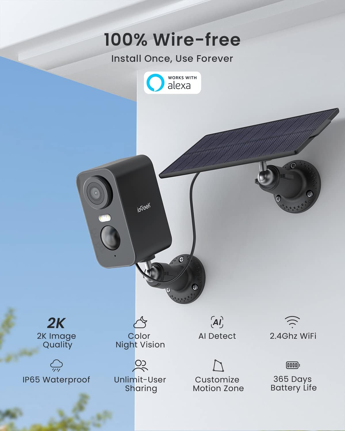 ieGeek – Cámaras de seguridad solares inalámbricas para exteriores, paquete de 2 cámaras con batería WiFi 2K para vigilancia del hogar, cámara