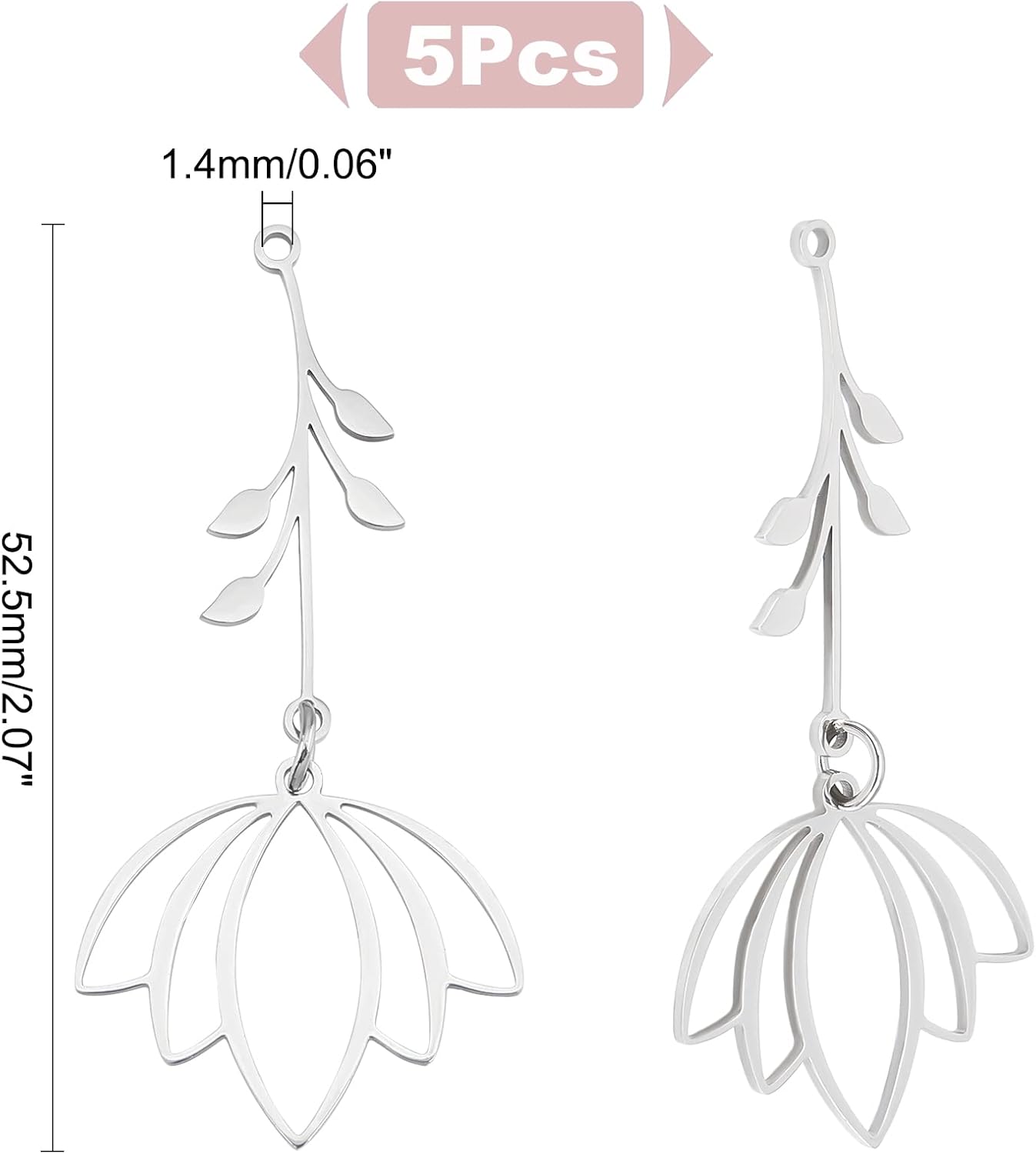 DICOSMETIC 5 dijes de flores de loto huecos de acero inoxidable con anillos de salto, colgantes de flores cortadas con láser, dijes de plantas para