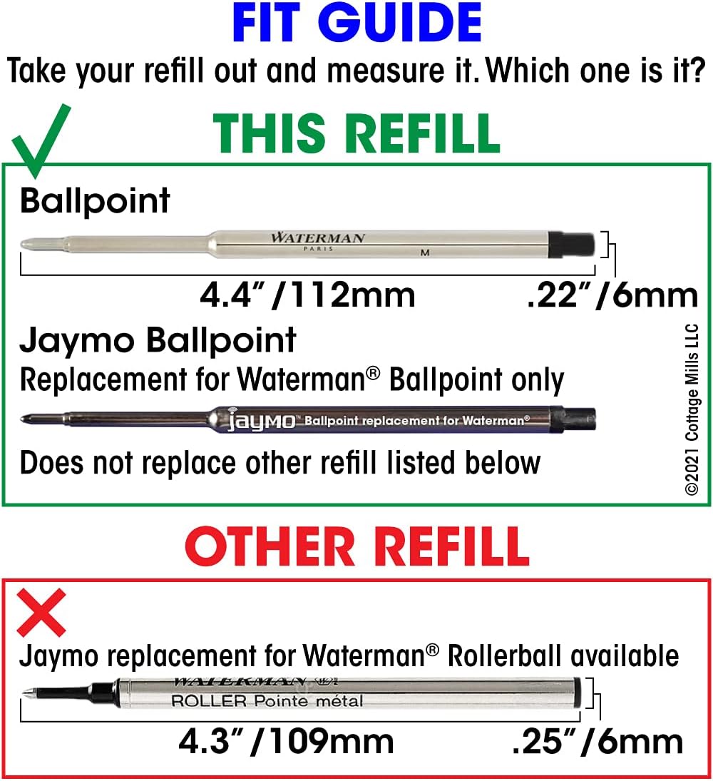 Jaymo Repuesto para Waterman 834254 – Medidas 4.4 pulgadas  4.409 in de largo – Recambio de bolígrafo – 6 negro