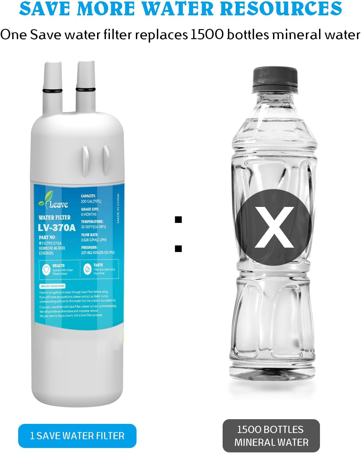 Leave W10295370A Filtro de agua compatible con filtro de agua W10295370A, EDR1RXD1, Filter 1, W10295370, P4RFWB, P8RFWB2L, 46-9930, 46-9081  Paquete