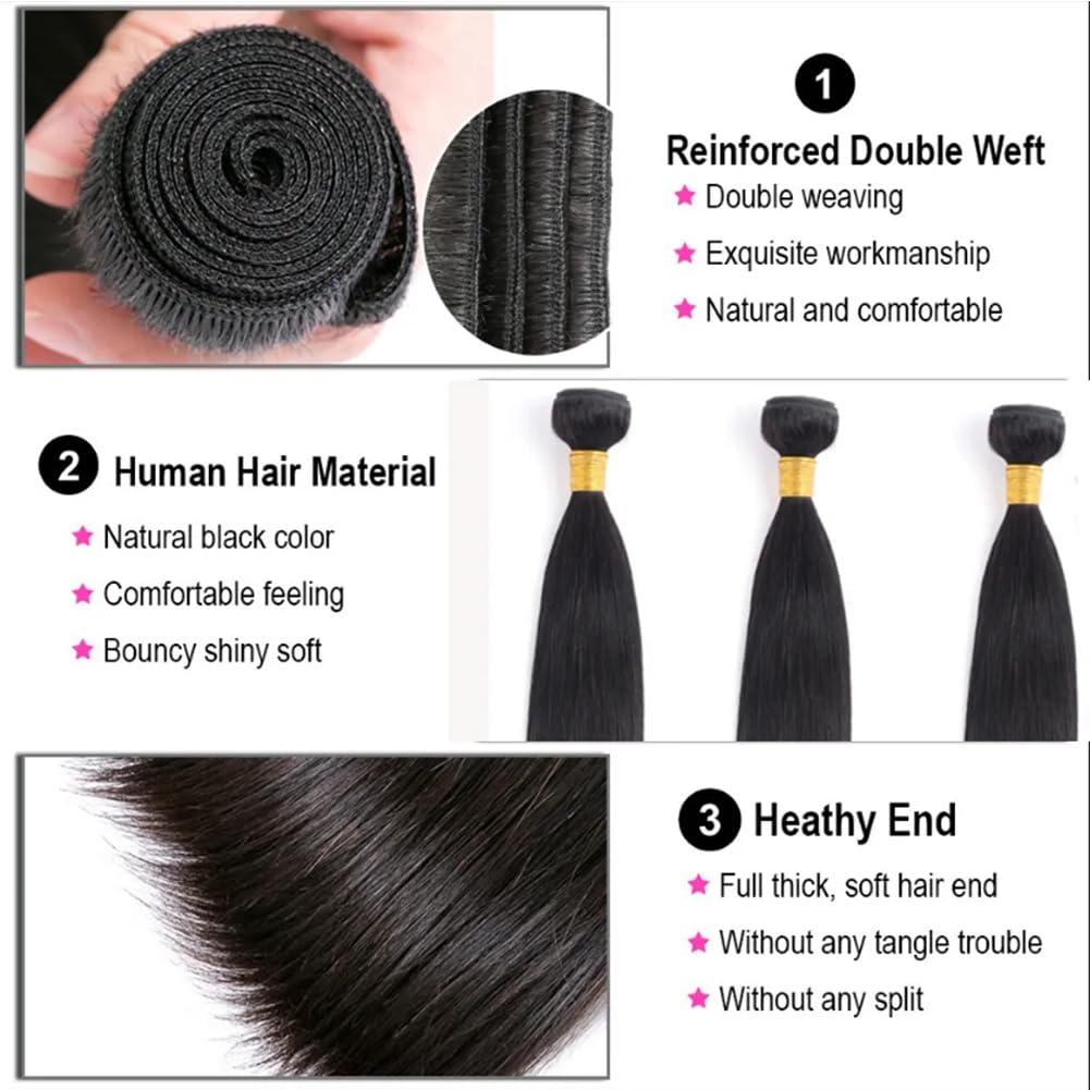 Mironica Paquetes de cabello humano lacio de 24, 26, 28 pulgadas, 3 paquetes de extensiones de cabello humano 12A, cabello humano 100% sin procesar,