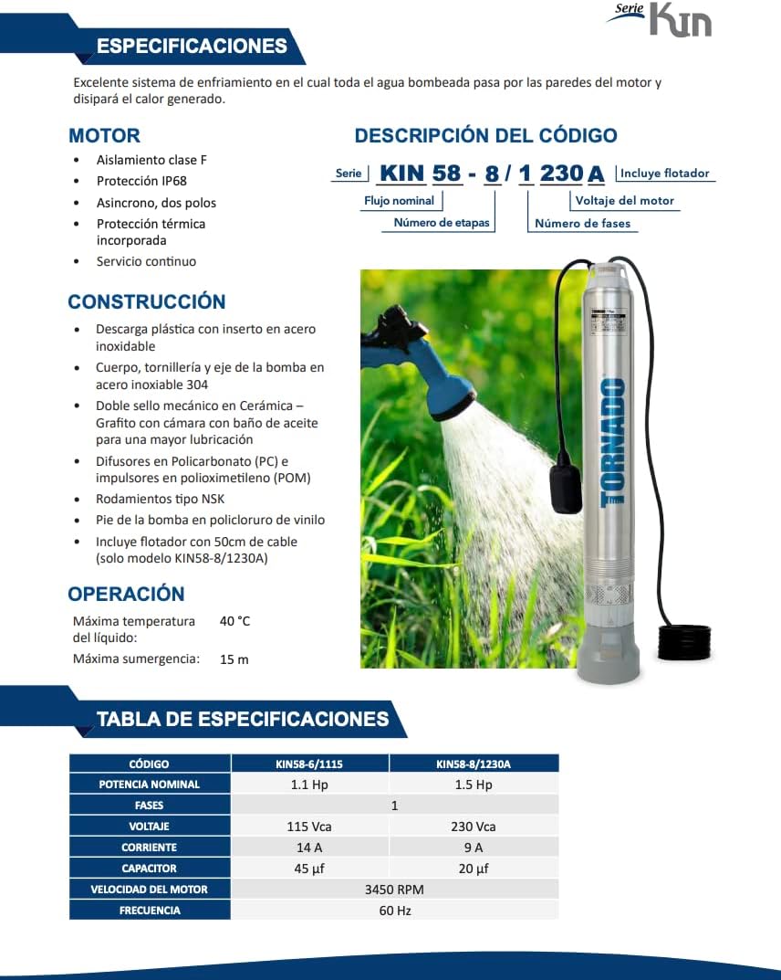 TORNADO Brand Submersible Pump with Float, KIN-Series, 1.5 HP, 230 Volts, 115 LPM, 304 Stainless Steel, 2 Threads, (KIN58-81230A)