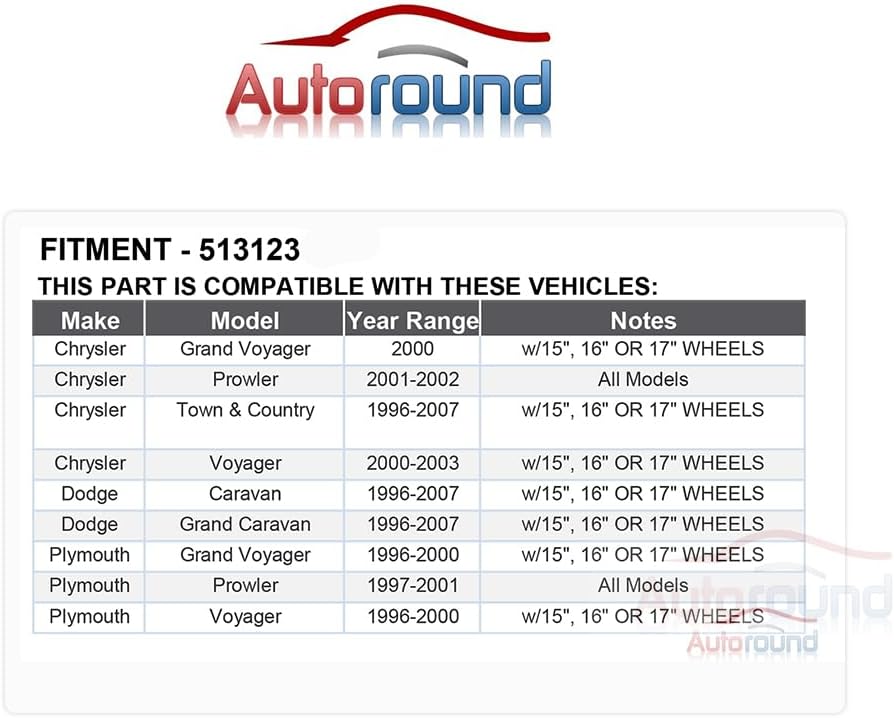 Autoround 513123 Cojinete de rueda delantera y conjunto de cubo compatible con Dodge Caravan, Grand Caravan, Chrysler Town Country, PlymouthChrysler