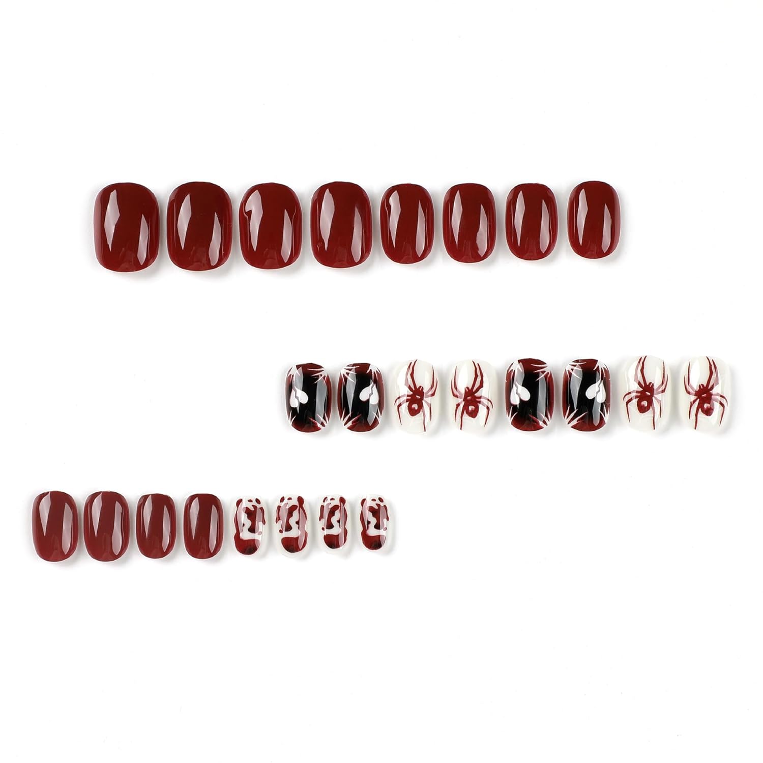 Uñas cortas a presión para Halloween, uñas postizas cuadradas con diseños de araña, uñas acrílicas rojas y blancas, uñas adhesivas brillantes de