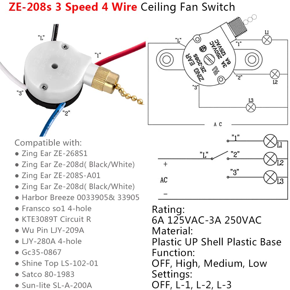 ZE-208s – Interruptor de ventilador de techo de 3 velocidades, con 4 cables preinstalados, compatible con reemplazo de interruptor de ventilador