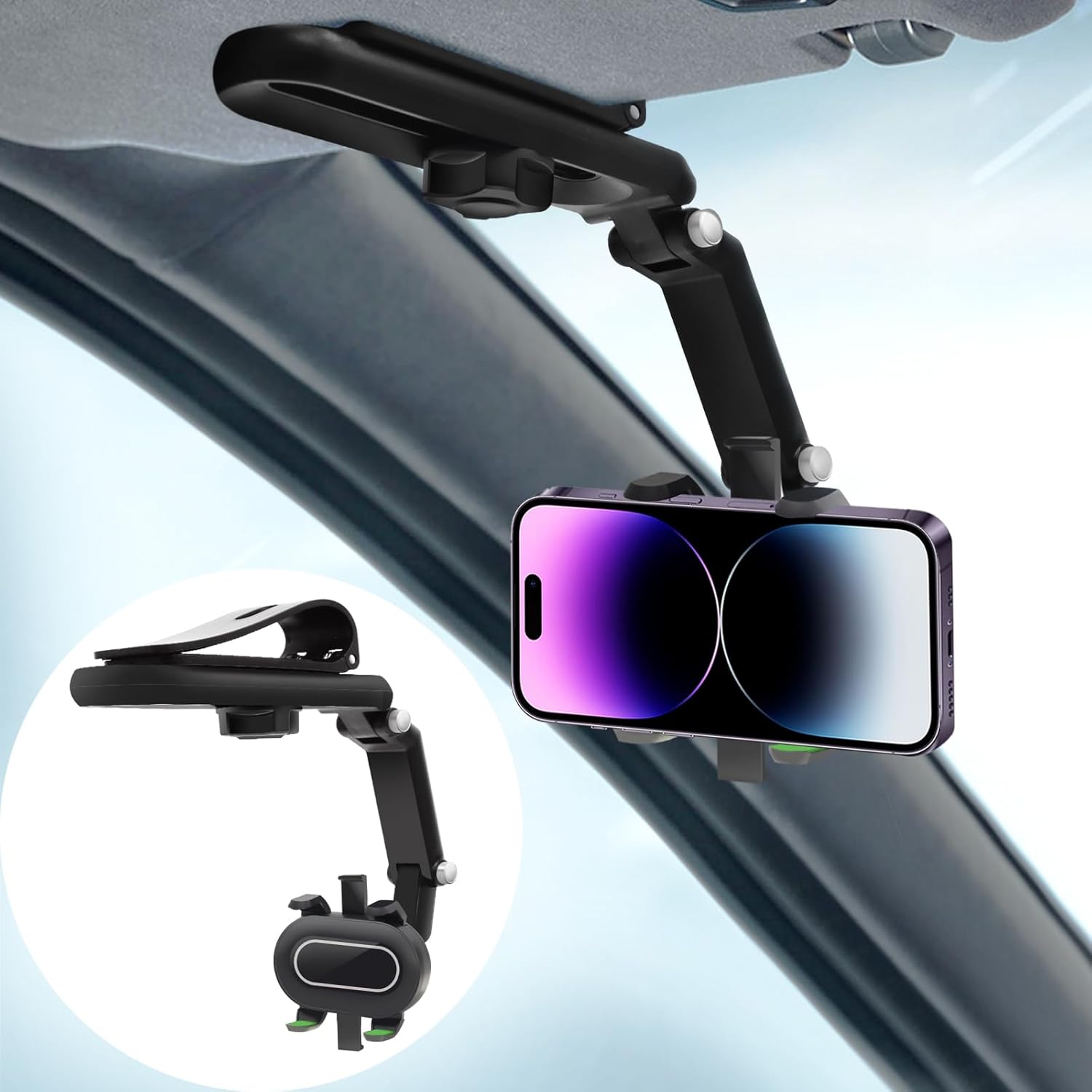 Soporte giratorio y retráctil para teléfono de automóvil, soporte de teléfono para visera solar de 1080 para tu automóvil, soporte ajustable para