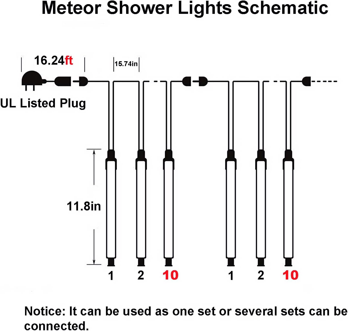 Luces de Navidad para exteriores, 10 tubos, 240 LED, luces de caída de lluvia, IP65, impermeables, con certificación UL, luces de lluvia de