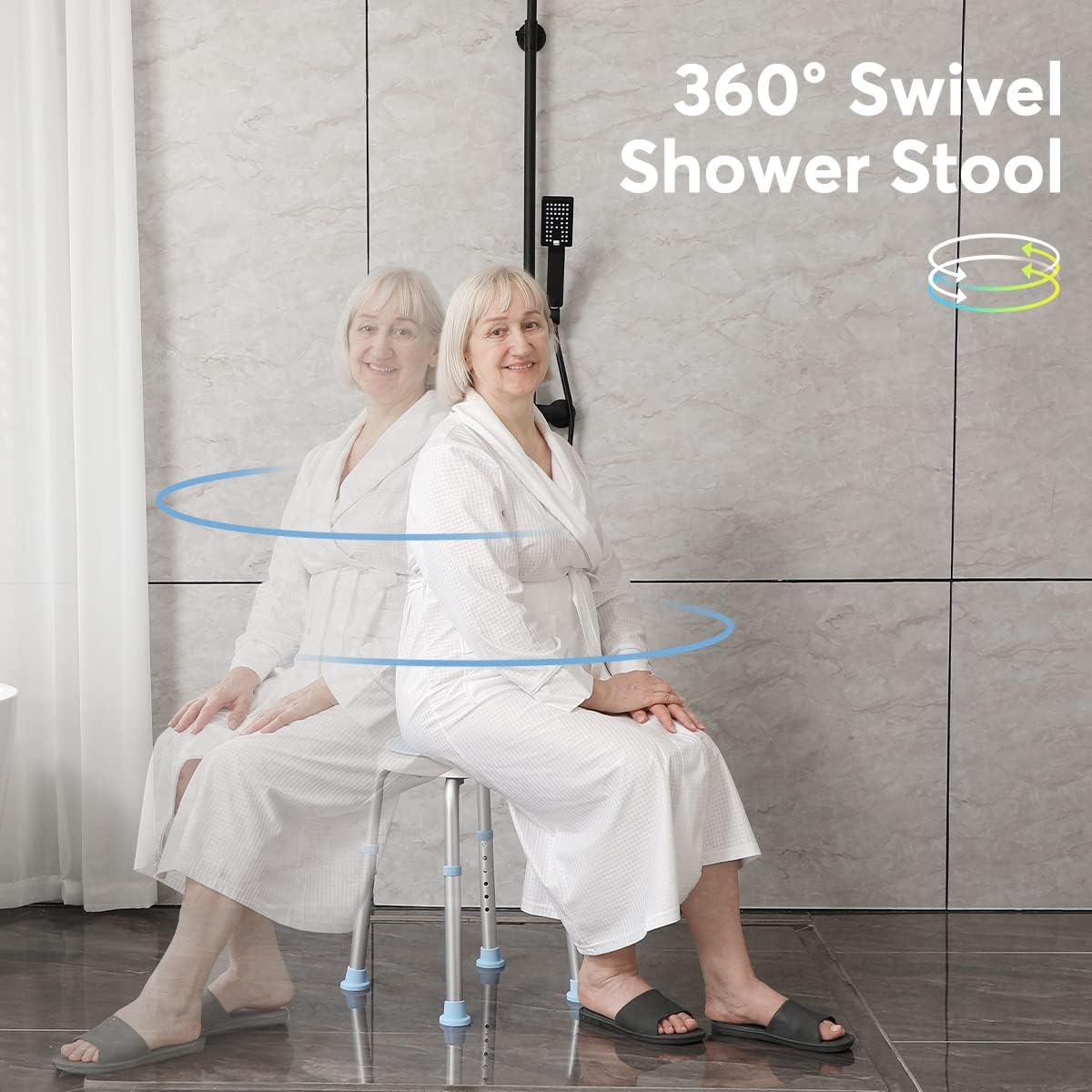 OasisSpace Silla de ducha giratoria de 360 grados, taburete de ducha ajustable sin herramientas y banco de asiento de bañera con puntas de goma