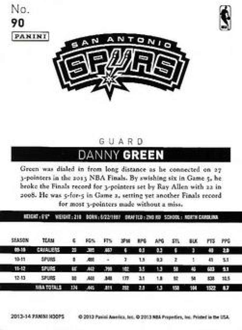 2013-14 NBA Hoops Gold Border Parallel #90 Danny Green San Antonio Spurs Official Panini Basketball Trading Card (Stock Photo may be shown, card in