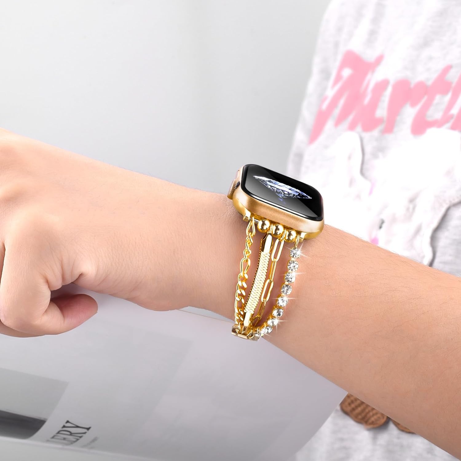 CAGOS Pulsera de cadena compatible con Apple Watch Band de 1.49, 1.57, 1.61, 1.65, 1.73 y 1.77 pulgadas, correa delgada de acero inoxidable de metal
