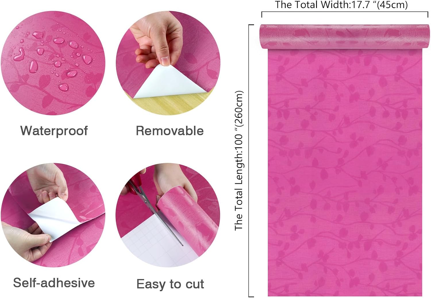 Papel tapiz de seda en relieve de color rosa oscuro, autoadhesivo, extraíble, texturizado rosa, papel de contacto para gabinetes, película de vinilo