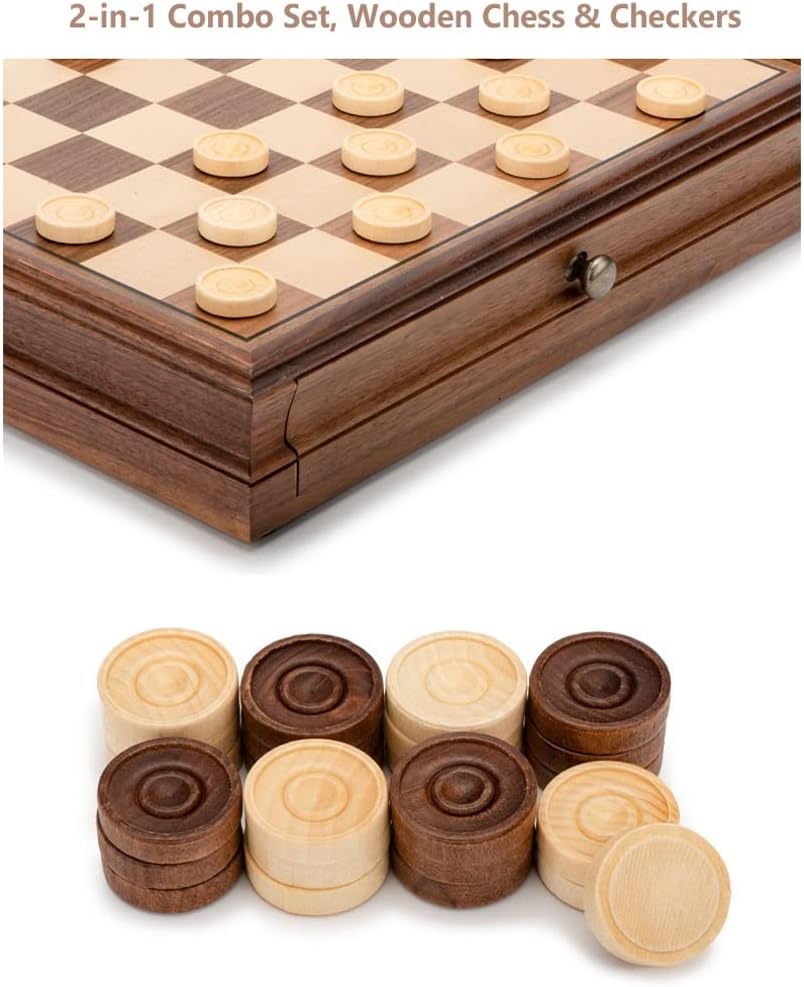 ROLTIN Juego de ajedrez de madera 2 en 1 con cajones, juego de tablero de ajedrez hecho a mano con damas y 2 reinas adicionales, ajedrez de lujo de