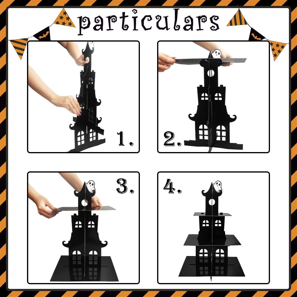 Soporte de 3 niveles para cupcakes de Halloween, castillo de Halloween, soporte redondo de cartón, torre de postre, torre de árbol de postre para