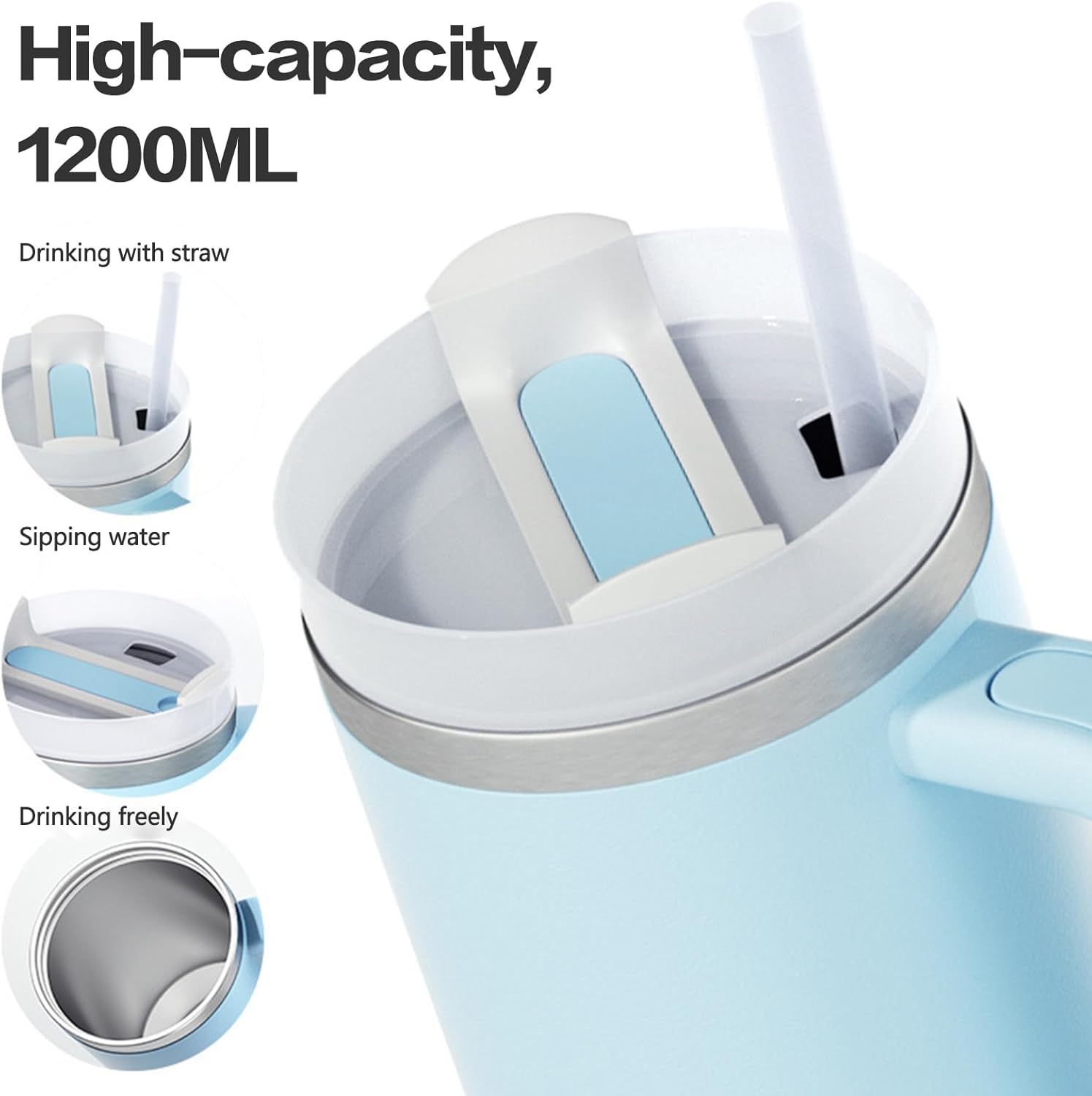 Vaso de 40 onzas con asa y popote con 2 tapas de popote y funda de silicona, botella de agua de acero inoxidable, taza de viaje, bebidas frías, vaso