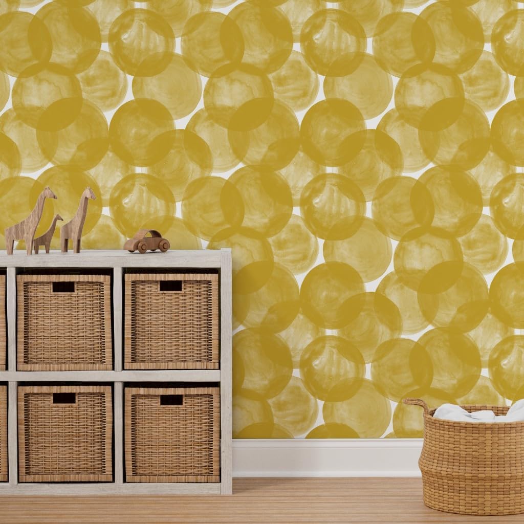 Spoonflower Peel & Stick Wallpaper Swatch – Watercolor Mustard Yellow Gold Polka Dots Geometric Bold Circles Round Custom Removable Wallpaper
