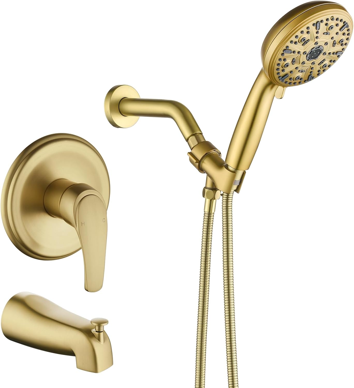 VIKASI Juego de grifo de ducha para bañera con 10 rociadores de ducha de mano con sistema de ducha dorado cepillado con boquilla de bañera de una
