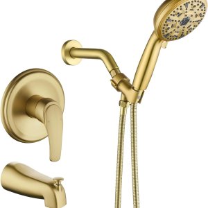 VIKASI Juego de grifo de ducha para bañera con 10 rociadores de ducha de mano con sistema de ducha dorado cepillado con boquilla de bañera de una VIKASI Juego de grifo de ducha para bañera con 10 rociadores de ducha de mano con sistema de ducha dorado cepillado con boquilla de bañera de una