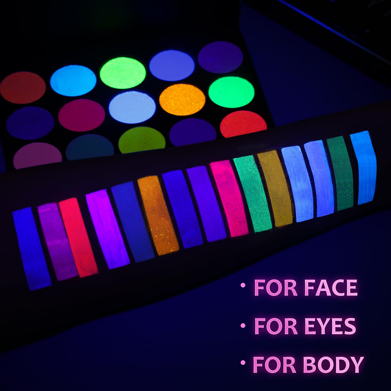 Pintura facial UV brillante, paleta de sombra de ojos de neón de 15 colores, pintura facial a base de agua con luz negra UV para niños, paleta de