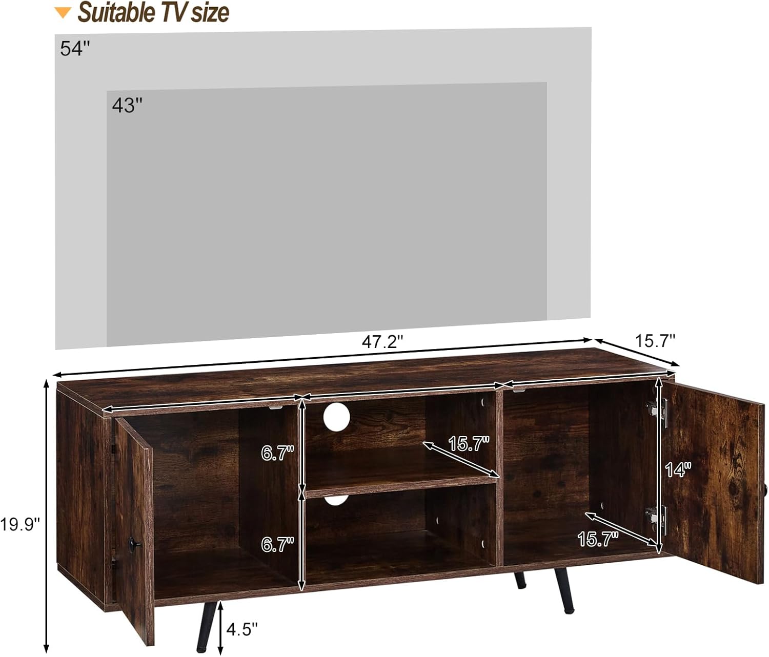 TUKAILAI Soporte de TV para TV de 55 pulgadas, centro de entretenimiento con estantes de almacenamiento y 2 gabinetes, mesa consola de TV con patas