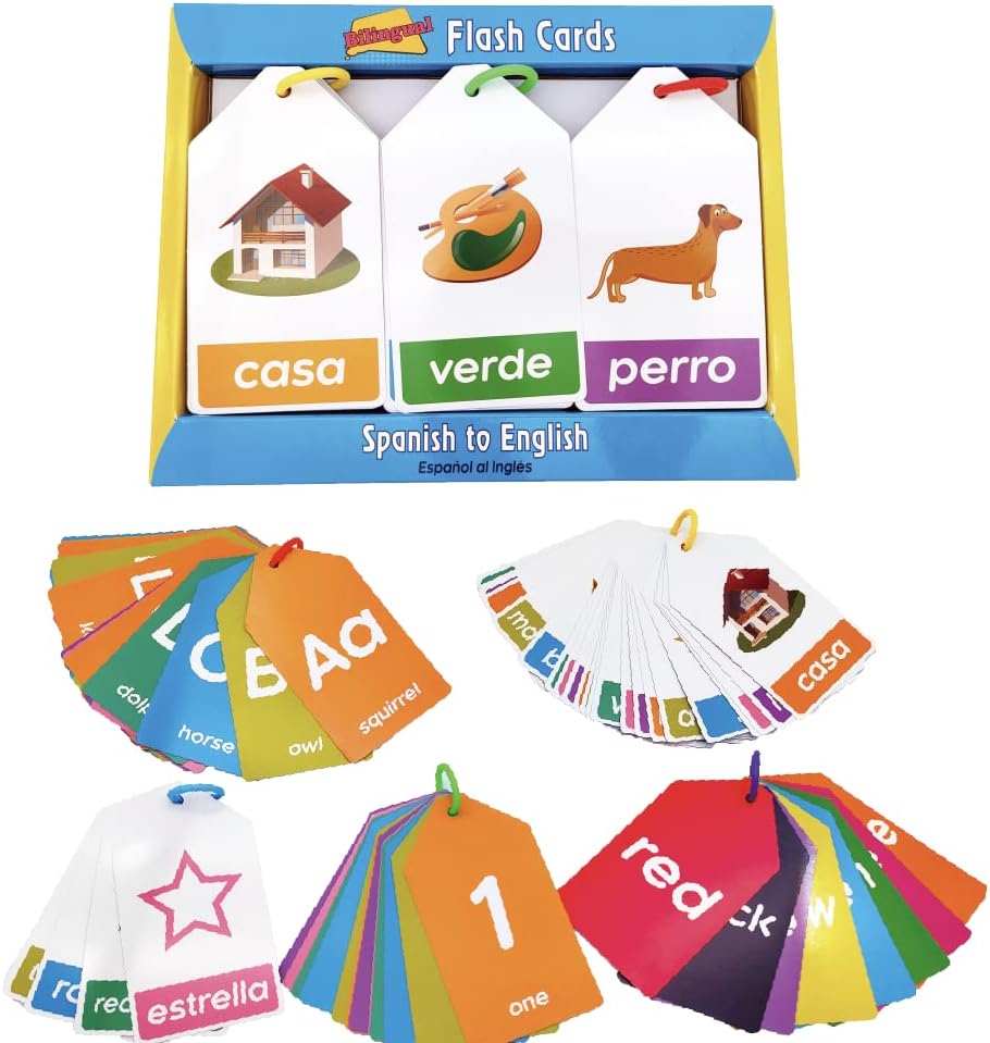 Tarjetas didácticas bilingües en español inglés para niños, 5 temas, alfabeto, color, número, forma, primeras palabras, 84 tarjetas, paquete de