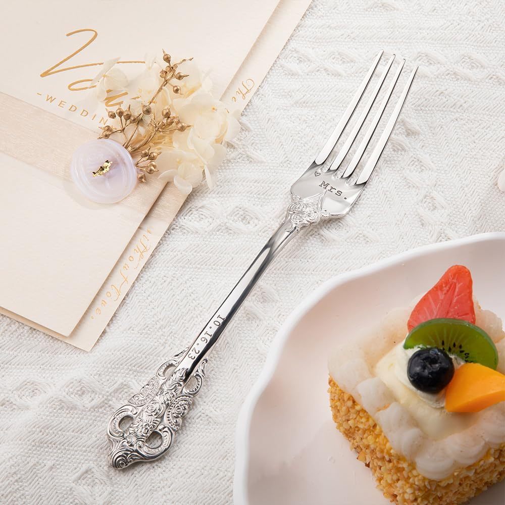 callie Juego de 2 tenedores de boda personalizados con fecha grabados con fecha, cubiertos plateados vintage personalizados resistentes para pastel