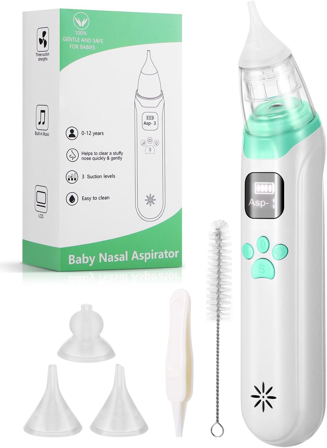 Aspirador nasal eléctrico para bebé, limpiador de succión de nariz para bebé, esenciales para bebés con 3 niveles de succión, música y luz LED,