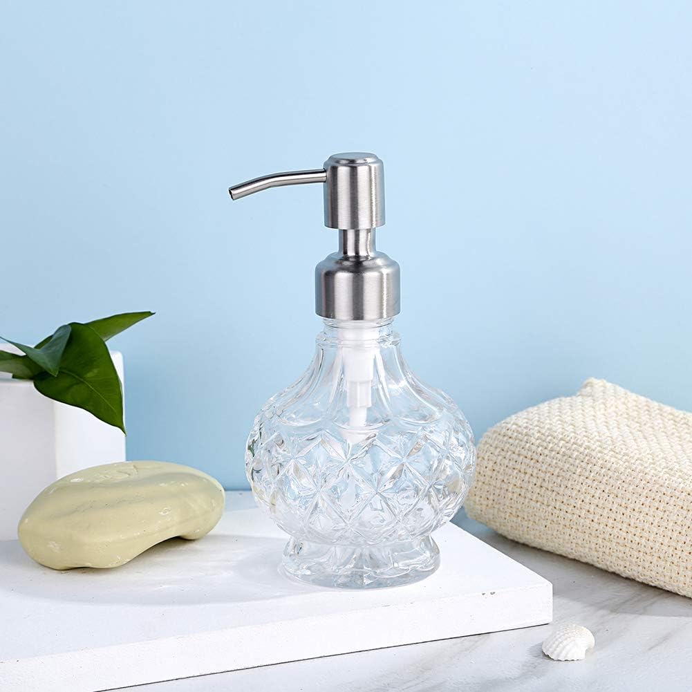 YunNasi Dispensador de jabón con bomba de acero inoxidable, diseño de cristal transparente, vintage y elegante, dispensadores de jabón líquido
