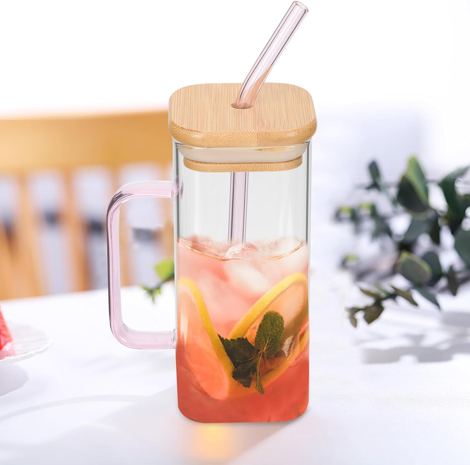 Luxshiny Vasos rectangulares con pajita de vidrio con tapas, vasos cuadrados con asa, tapa de bambú, vasos transparentes para café helado para el