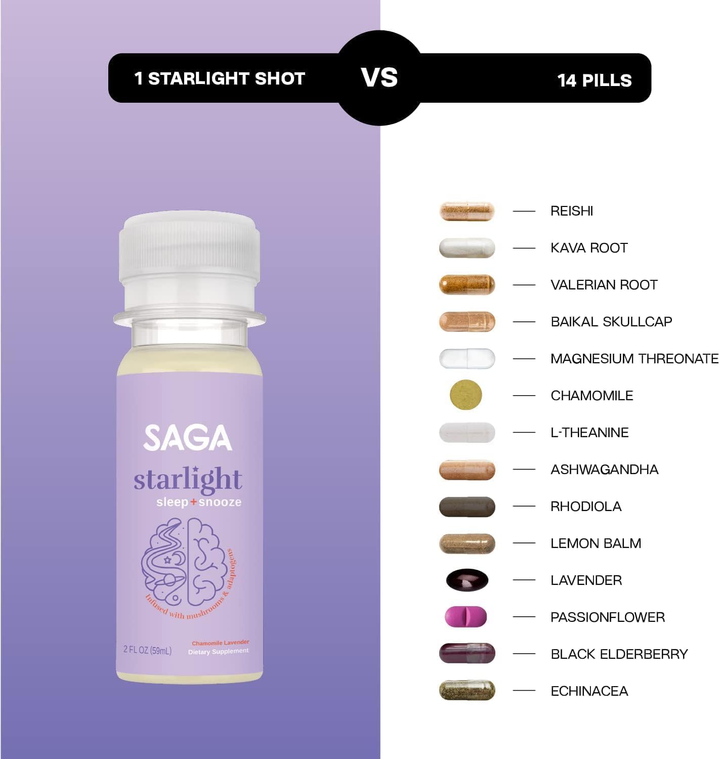 SAGA Starlight – Suplemento para dormir con hongos para el bienestar, bebida funcional para relajación, calma y apoyo al sueño con Ashwagandha,
