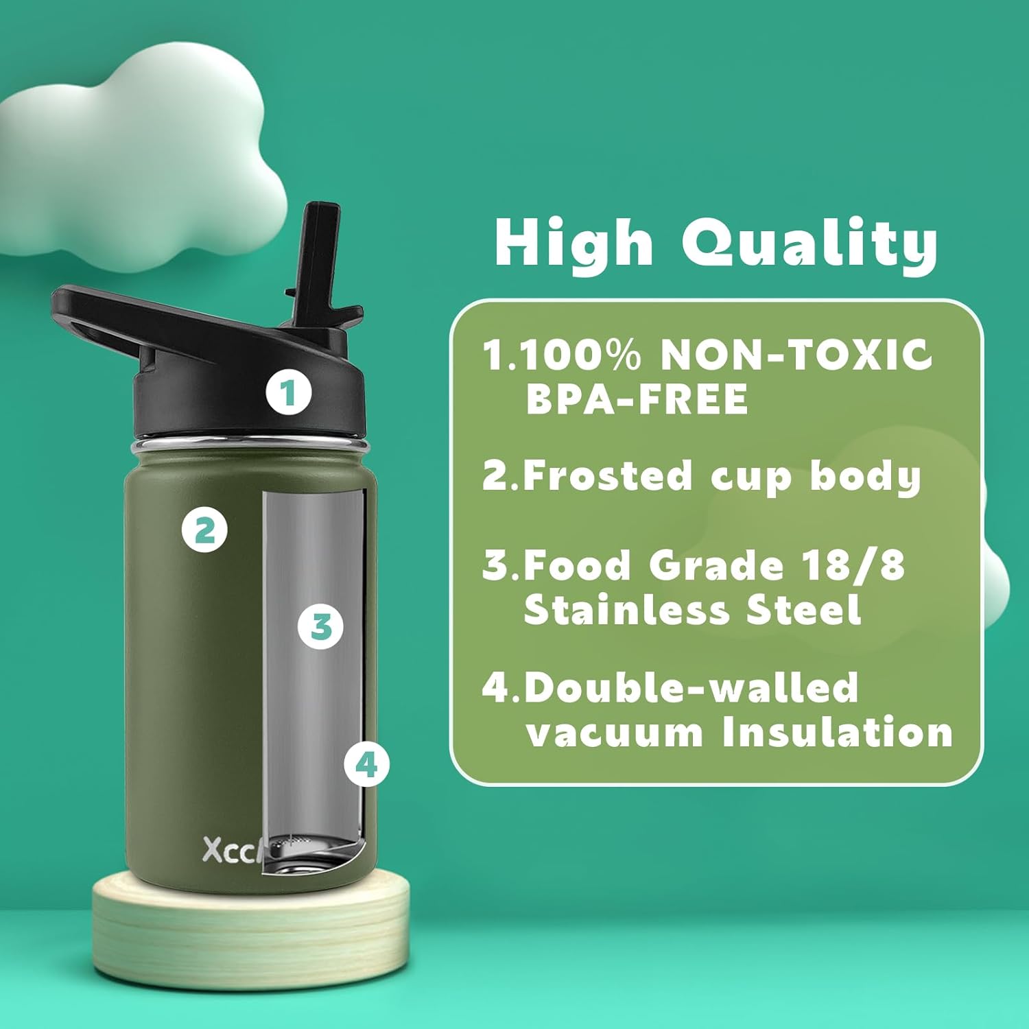 Botella de agua de acero inoxidable para niños, botellas de agua de 12 onzas para niños y niñas, botella de agua de metal aislada con popote, 2