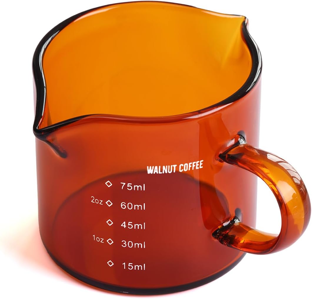 WALNUT COFFEE 2 paquetes de 2.5 fl oz2.5 oz (tamaño pequeño) de vidrio de chupito de espresso de color, doble boquilla, taza de leche de medición