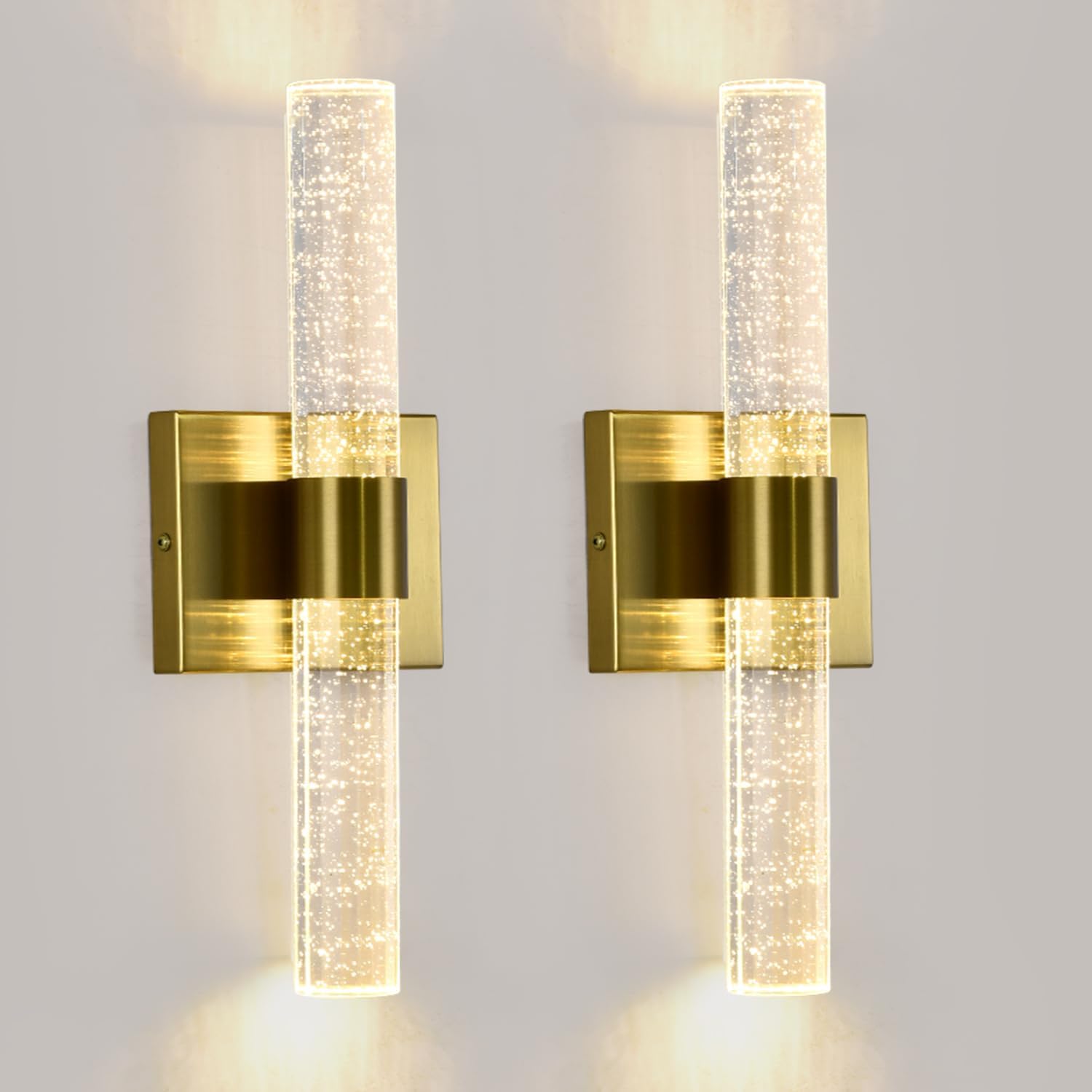 Juego de 2 apliques de pared dorados con luces LED de cristal para tocador de baño, paquete de 2 apliques de cristal modernos para montaje en pared