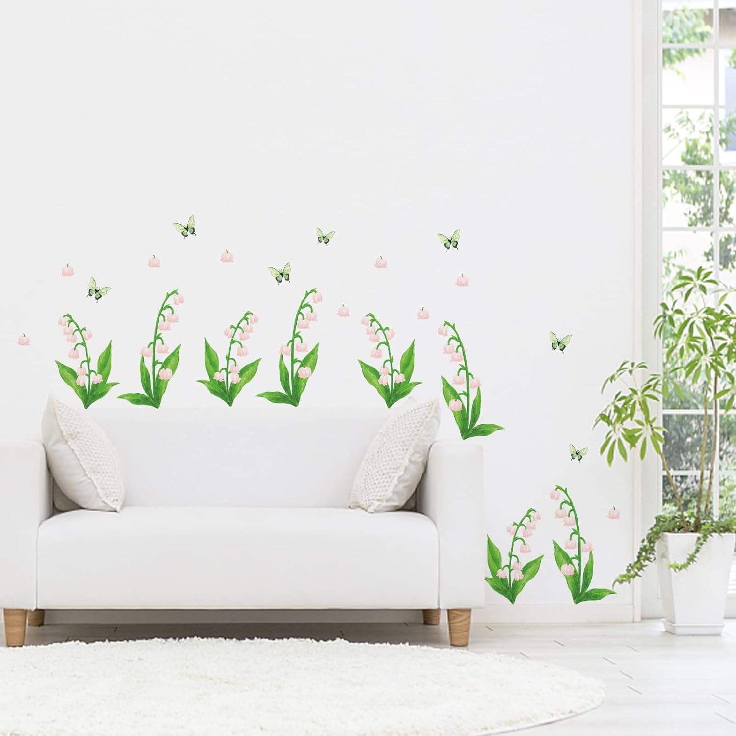 Calcomanías de pared de flores rosas y plantas verdes, calcomanías de pared de vinilo extraíble con mariposas para sala de estar, dormitorio,