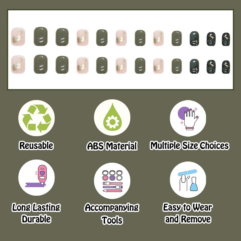 Uñas postizas a presión verdes, cuadradas, cortas, medianas, rosas, para mujeres, con diseño de leopardo dorado con purpurina, uñas postizas