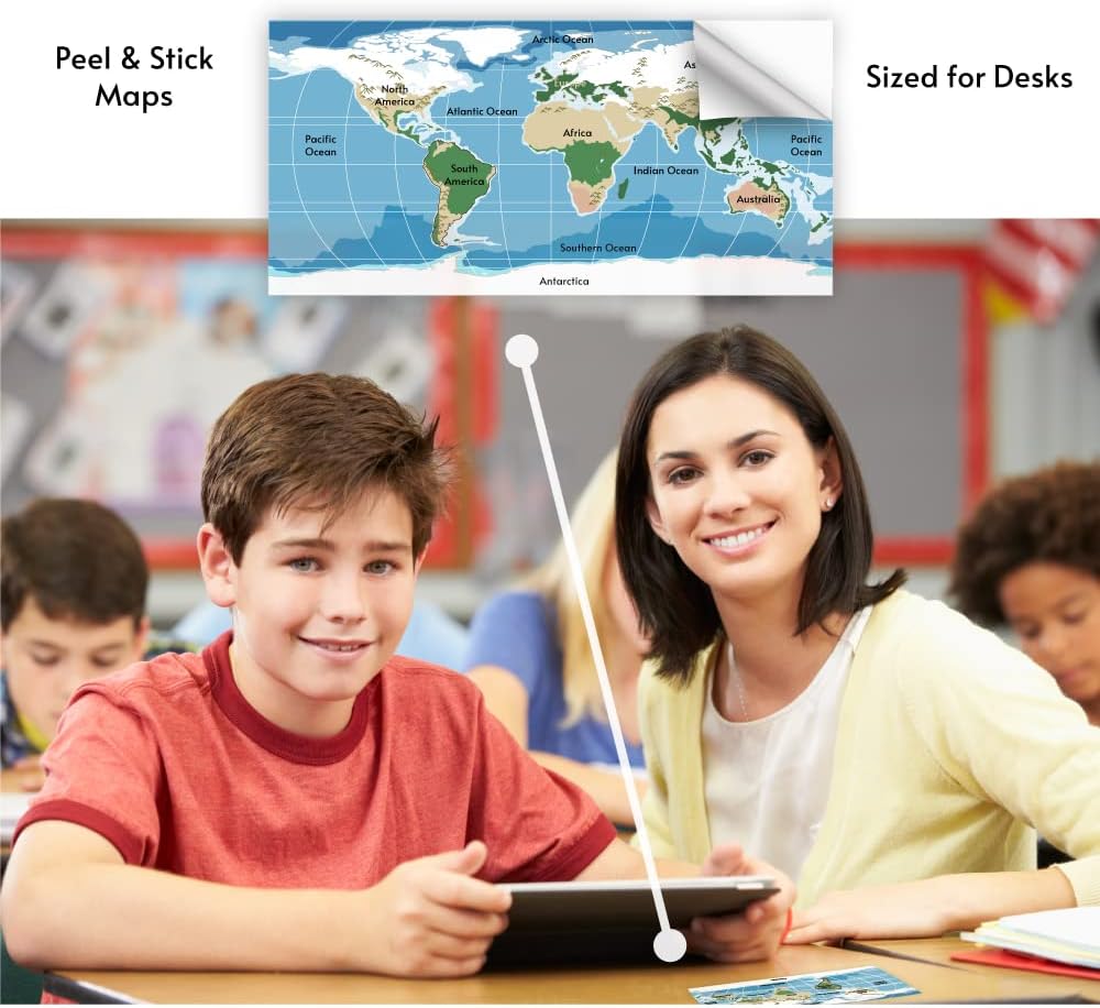 StikArt Mapas pequeños para escritorios de estudiantes – Continentes y océanos (6 calcomanías)