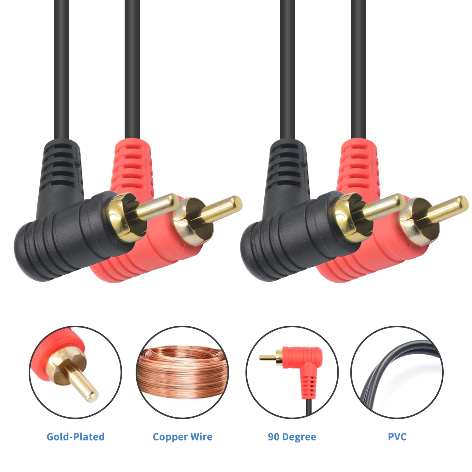 Duttek Cable RCA de 90 grados de 3 pies  3.3 ft, cable RCA doble en ángulo recto macho a macho chapado en oro, cable de audio RCA para