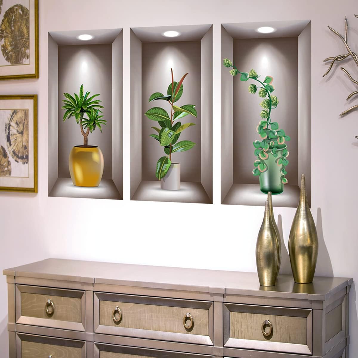 Calcomanías de pared con plantas verdes 3D, 3 hojas de vinilo 3D removibles para pared, decoración de pared para sala de estar, oficina