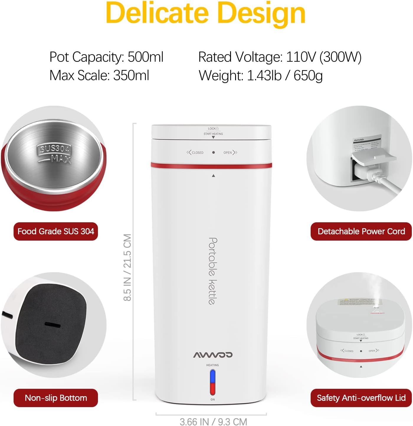 Hervidor eléctrico de viaje, hervidor eléctrico portátil, de acero inoxidable de 11.8 fl oz con protección contra hervir en seco y hervir rápido,