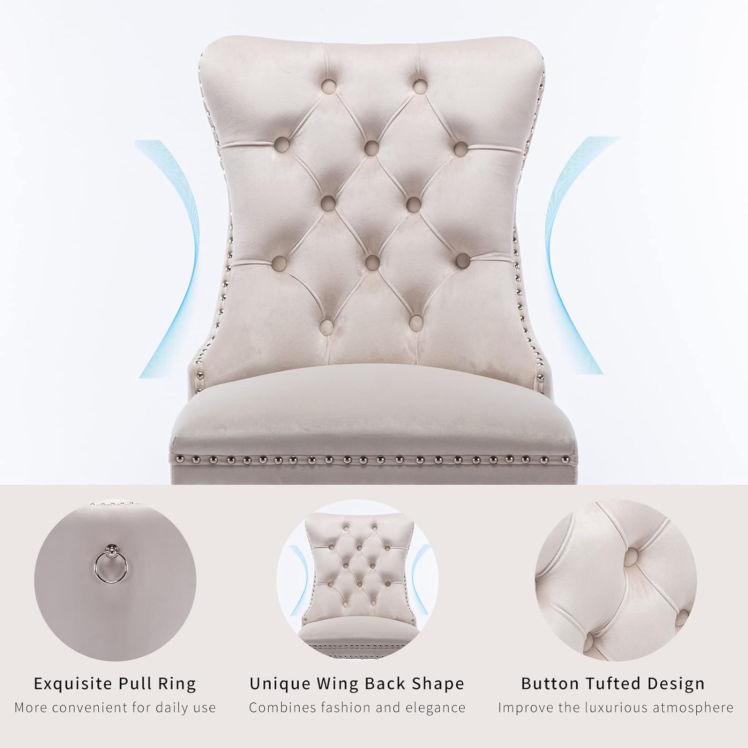 Juego de 2 sillas de comedor de terciopelo beige, juego de 2, sillas de comedor copetudas, sillas de comedor tapizadas de terciopelo, marco de